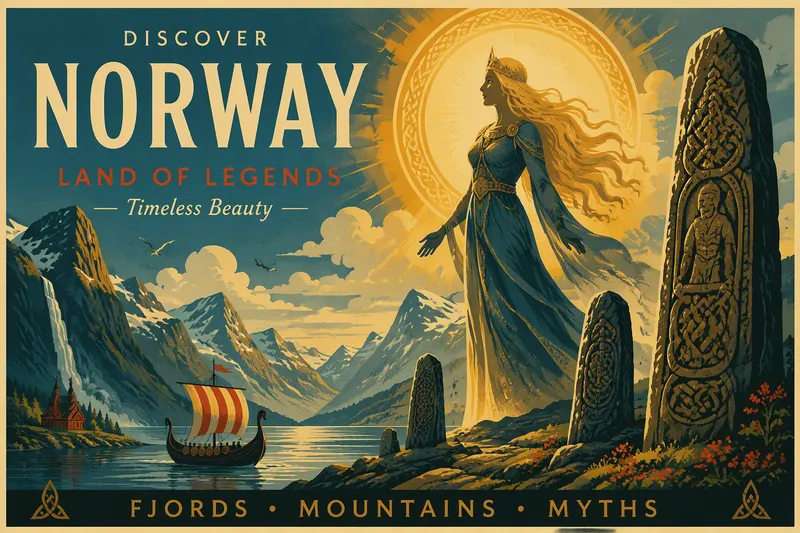 Viikinkien jumalatar Freyja sumuisessa pohjoisessa maisemassa