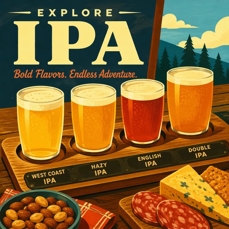 Erilaisia IPA-oluita maistelulaseissa puisella pöydällä