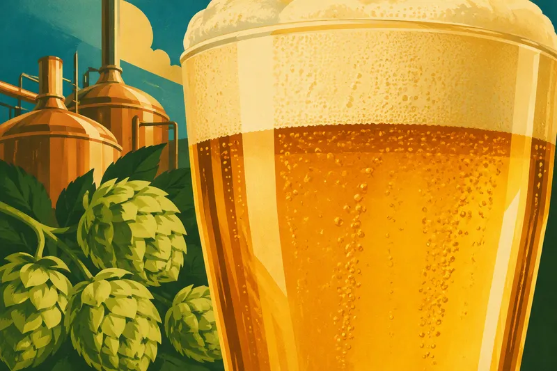 Kultainen IPA-olut lasissa ja tuoreita humalankäpyjä