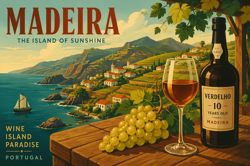 Lasi täyteläistä madeira-viiniä ja tuoreita viinirypäleitä