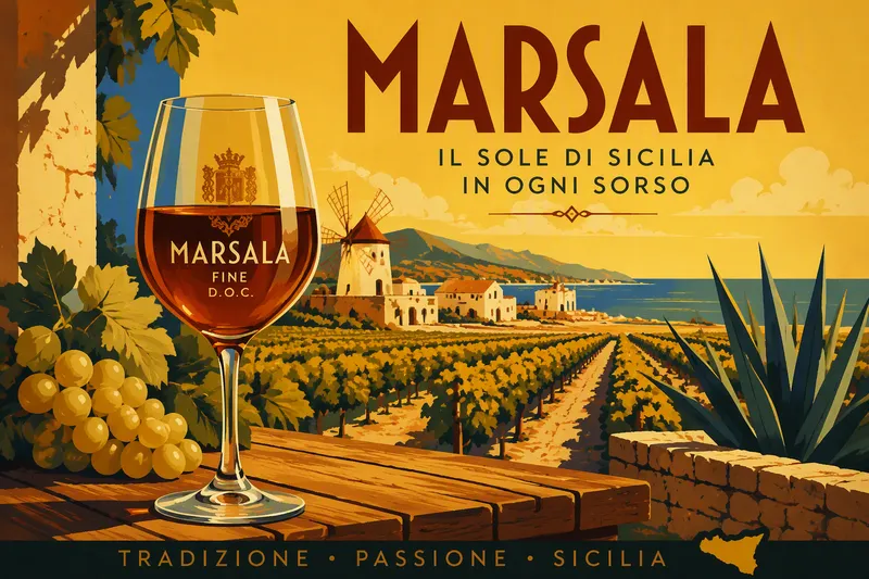 Marsala-viinilasi ja aurinkoinen sisilialainen viinitarha