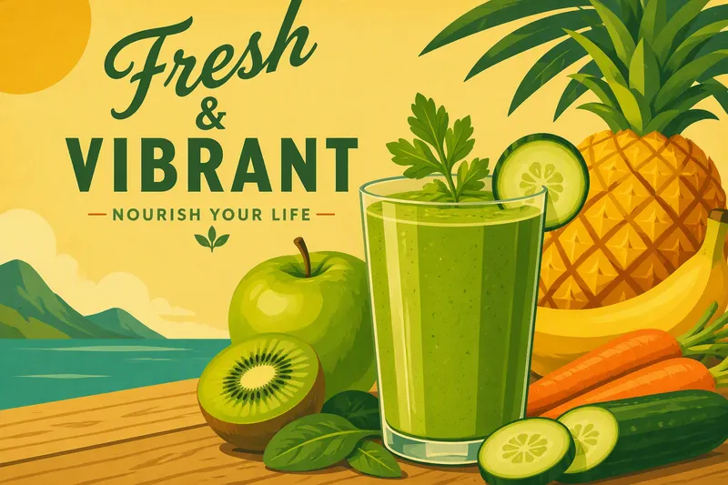 Tuore vihersmoothie ja kasviksia pöydällä