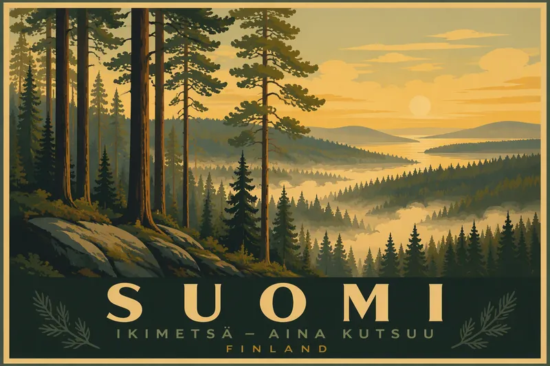 Metsäinen maisema sumuisena aamuna