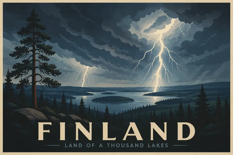 Ukkosmyrsky ja salamoita yllä suomalaista metsää