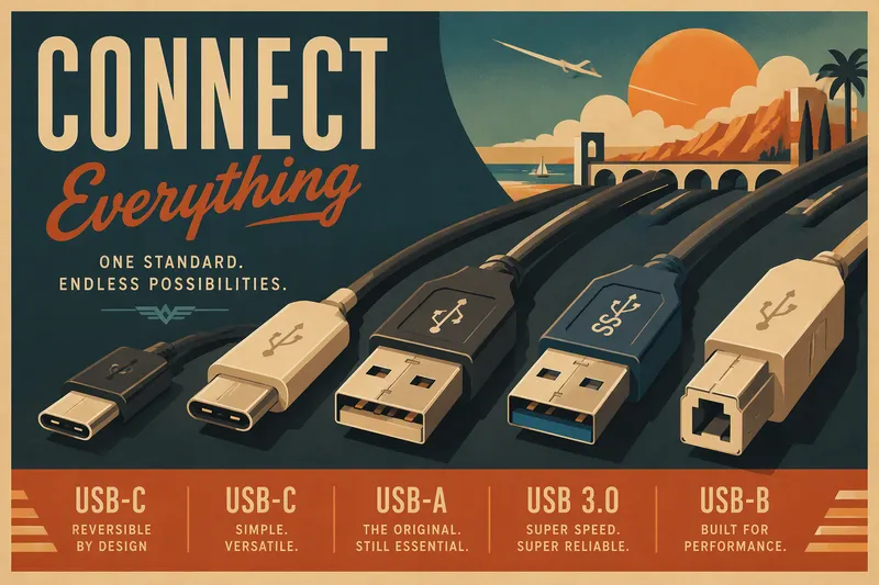 Erilaisia USB-liittimiä pöydällä Erilaisia USB-liittimiä pöydällä